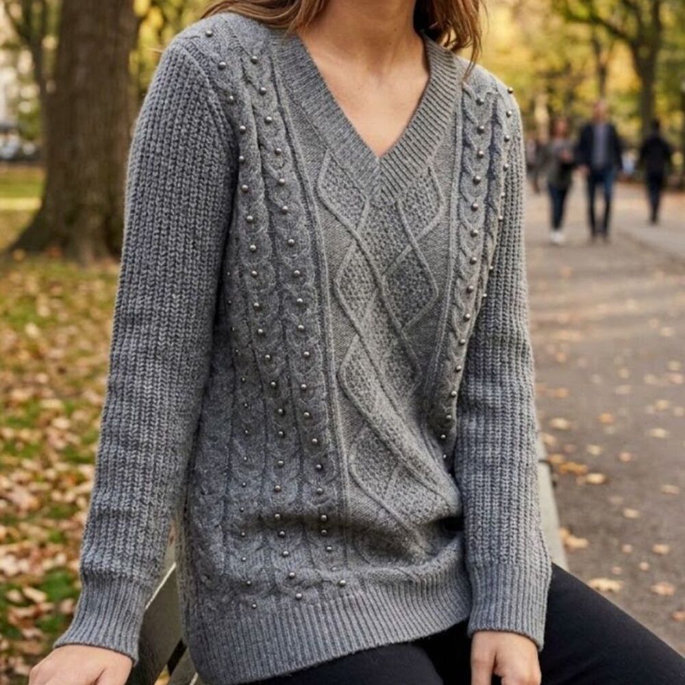 Terra & Sky Plus 1X (16W-18W) Charcoal Gray Cable Knit Faux Pearl V-Neck Sweater
